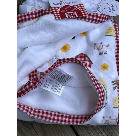 Baby Starters Farm Animals Plush Baby Blanket Cow Barn Tractor Red Plaid Trim - Picture 3 of 8